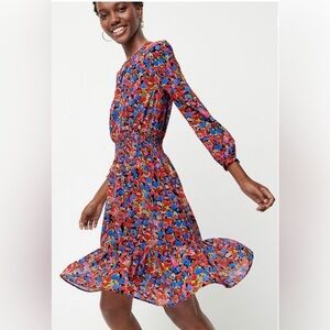 J. Crew Floral Long-Sleeve Midi Dress in Red, Blue, Pink and Green